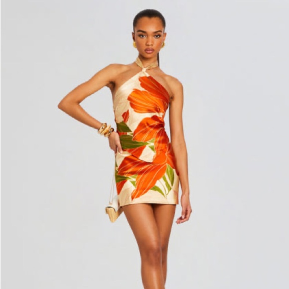 Retrofete One Shoulder Dress in Orange and Green Floral